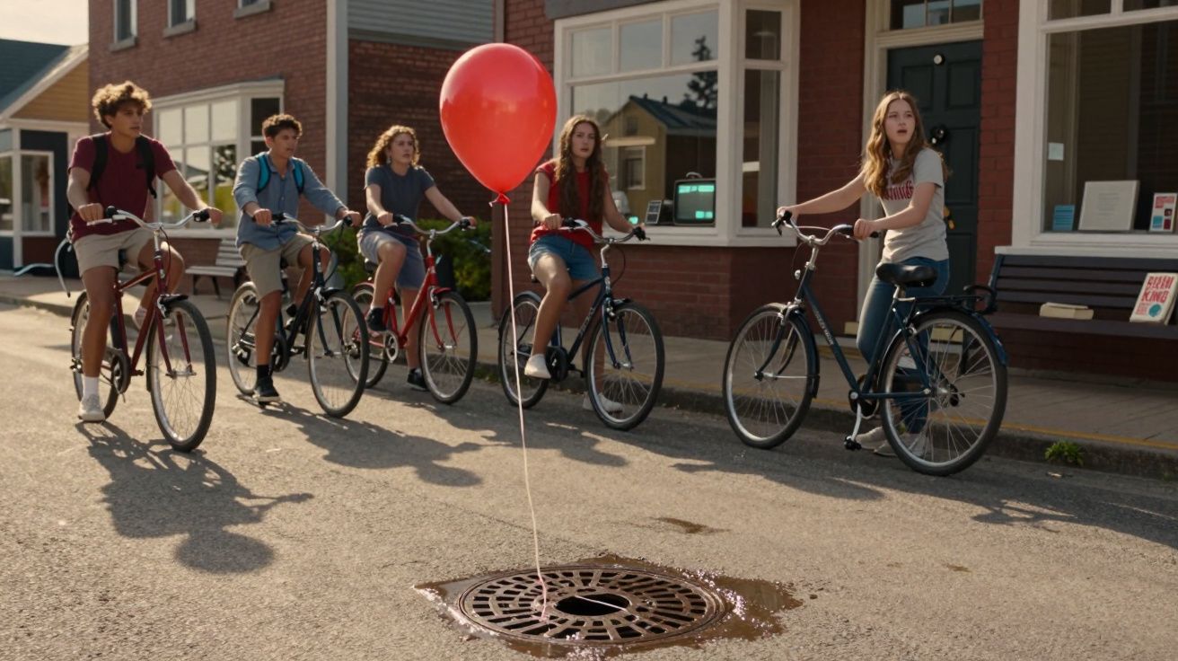 Cinco adolescentes de bicicleta observam um balão vermelho preso em um bueiro na rua em dia ensolarado.