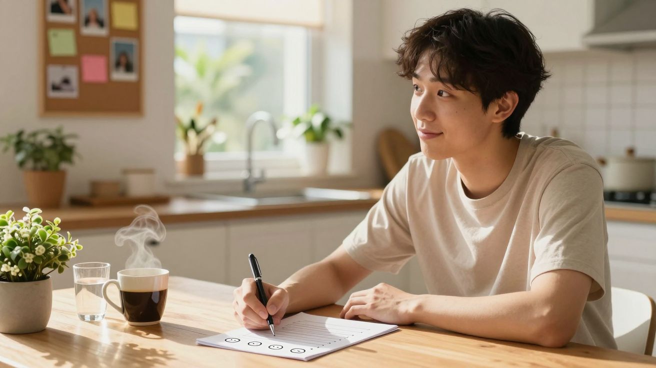 Jovem sentado em cozinha iluminada, escrevendo em papel com caneta, com xícara de café e copo d'água à sua frente.