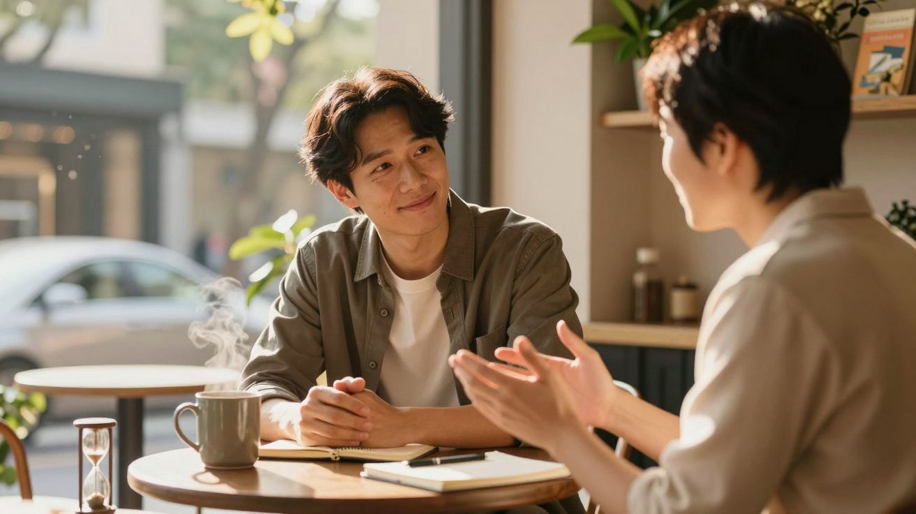 Dupla conversa animada em café, com caderno e xícara de bebida quente na mesa ensolarada.