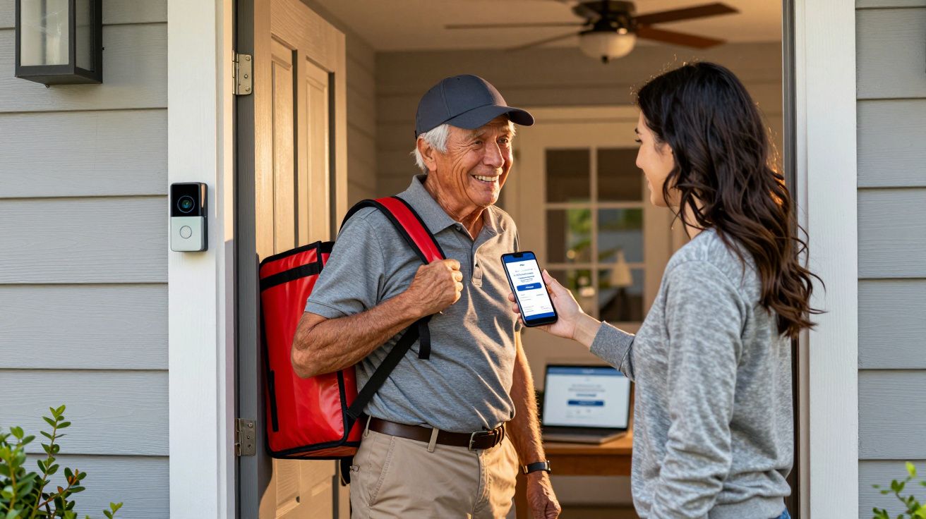 Homem com mochila vermelha entrega comida para mulher que mostra pedido no celular na porta de casa.