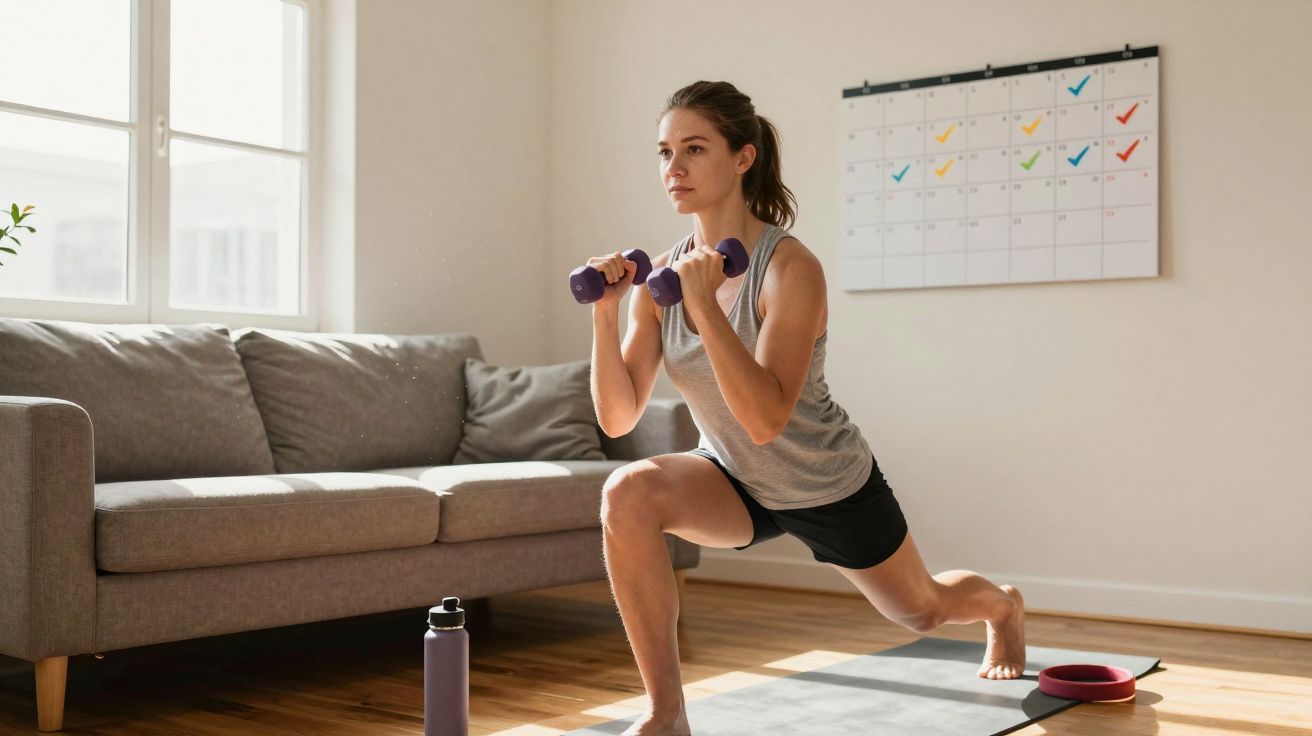 Mulher fazendo exercício com halteres na sala, ao lado de sofá e calendário na parede.