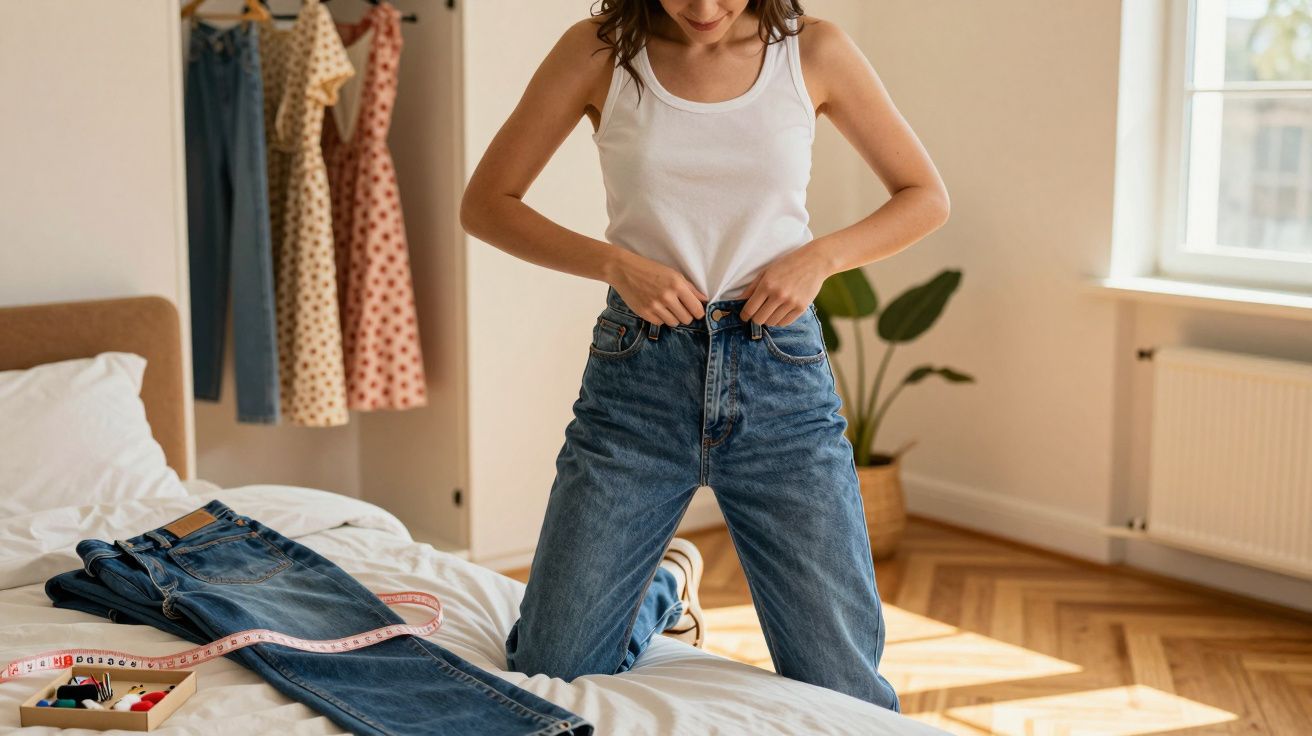 Mulher vestindo camiseta branca e jeans azul, ajustando calça em quarto iluminado pela luz do dia.