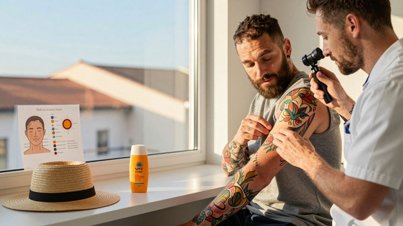 Médico dermatologista examinando tatuagem no braço de paciente em consultório com janela iluminada.