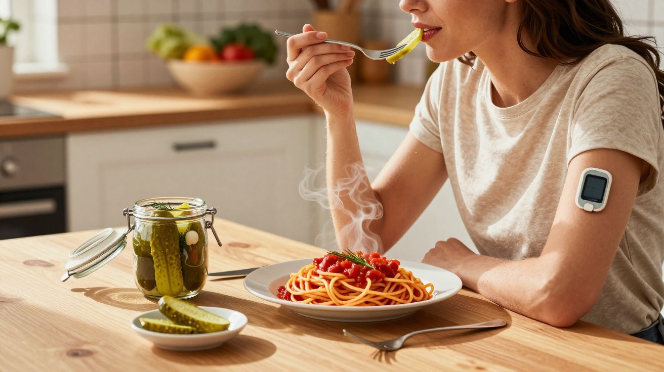 Pessoa com sensor de glicose no braço comendo espaguete com molho de tomate numa cozinha clara.