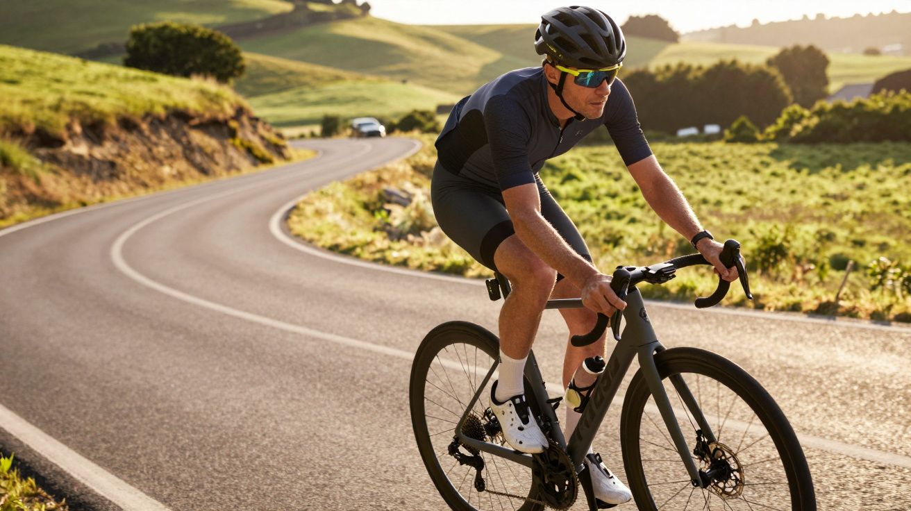 Homem ciclismo em estrada sinuosa com capacete e óculos em área rural ao pôr do sol.