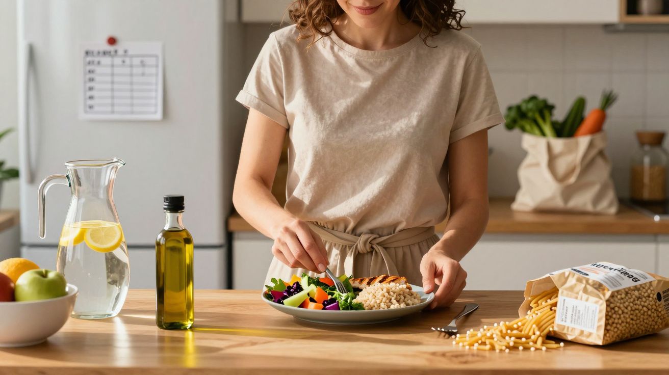 Mulher preparando prato com salada, arroz e frango em cozinha com ingredientes naturais ao fundo.