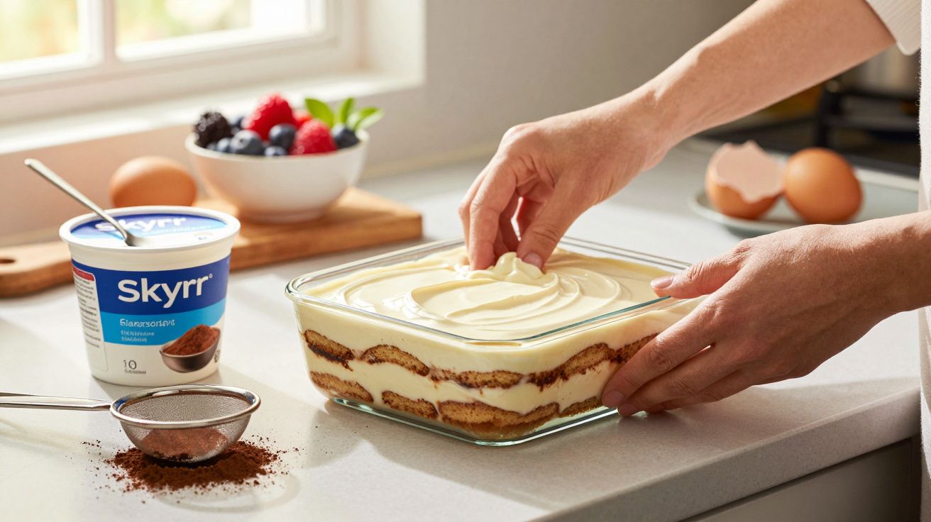 Pessoa decorando sobremesa cremosa em travessa de vidro sobre bancada com ingredientes ao fundo.