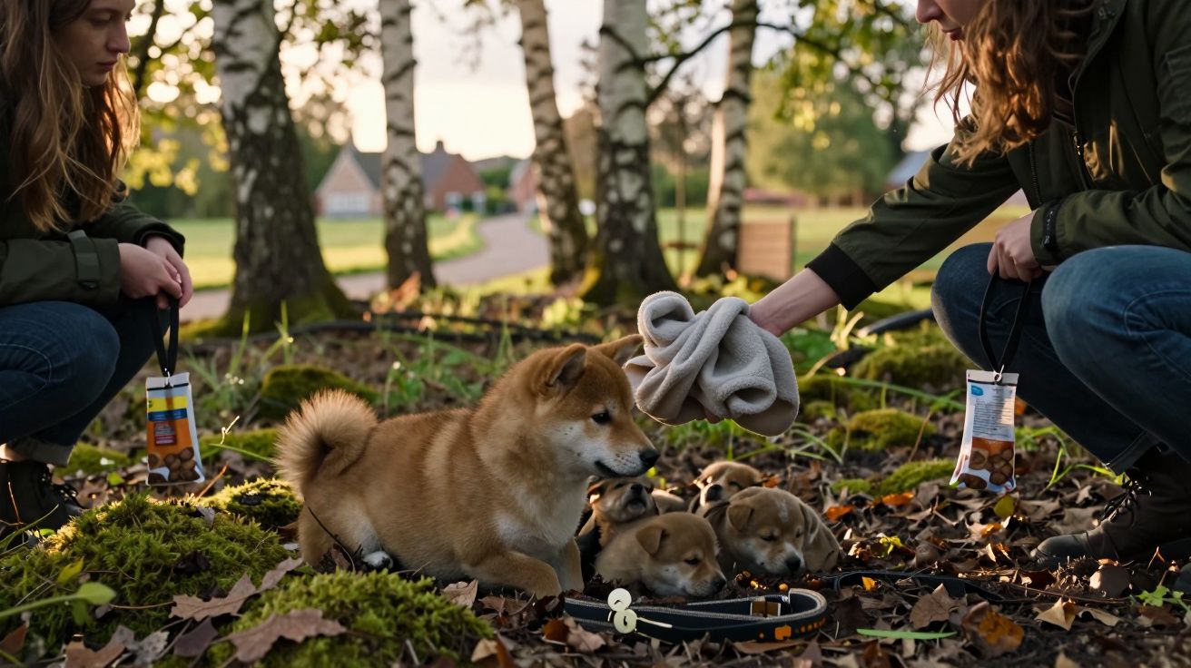 Duas pessoas cuidando de quatro filhotes de cachorro Shiba Inu em ambiente externo com musgo e folhas secas.