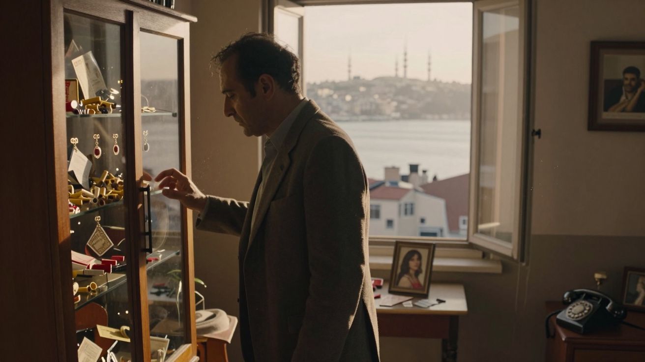Homem observa objetos em vitrine de madeira em sala iluminada por janela com vista para edifícios e rio ao fundo.
