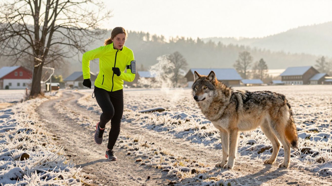 Mulher correndo em caminho rural gelado com cão lobo olhando para ela em dia claro de inverno.