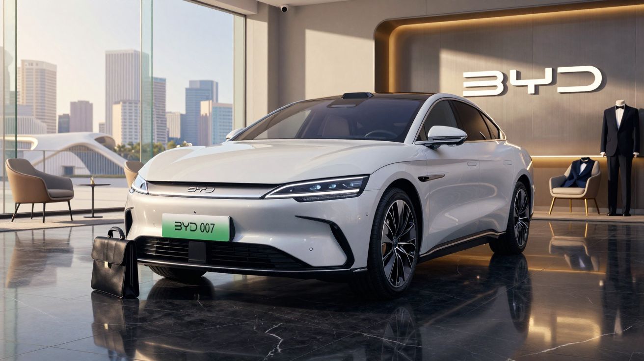 Carro elétrico branco BYD 007 em showroom moderno com grandes janelas e cenário urbano ao fundo.