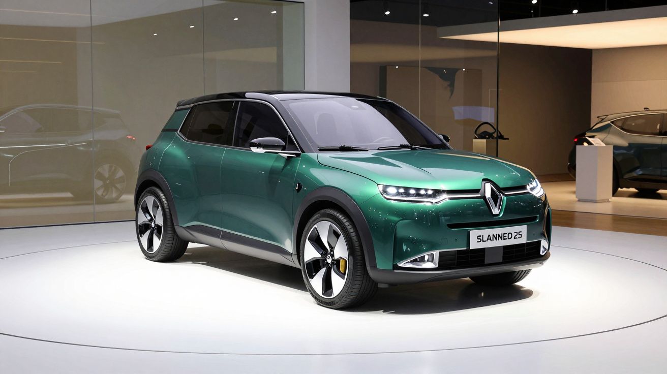 Carro elétrico verde Renault Slanned 25 em exposição em ambiente moderno e iluminado.