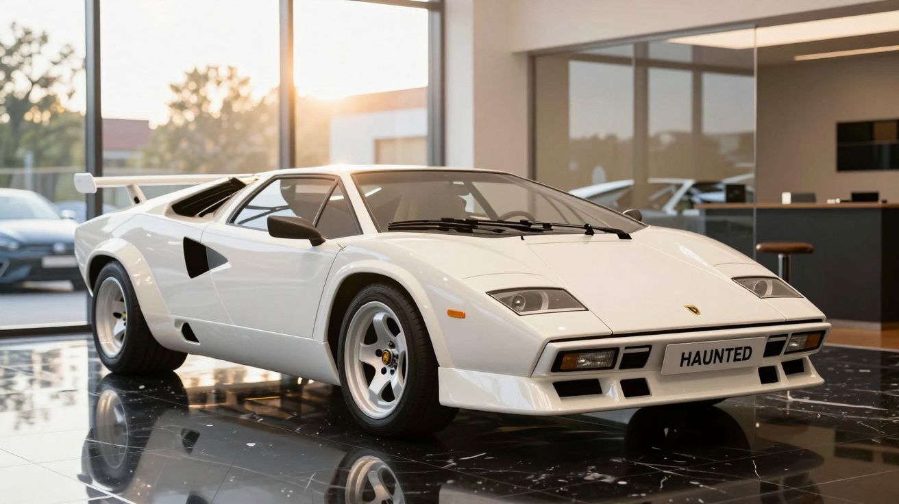 Carro esportivo branco Lamborghini Countach estacionado em piso de mármore dentro de showroom.