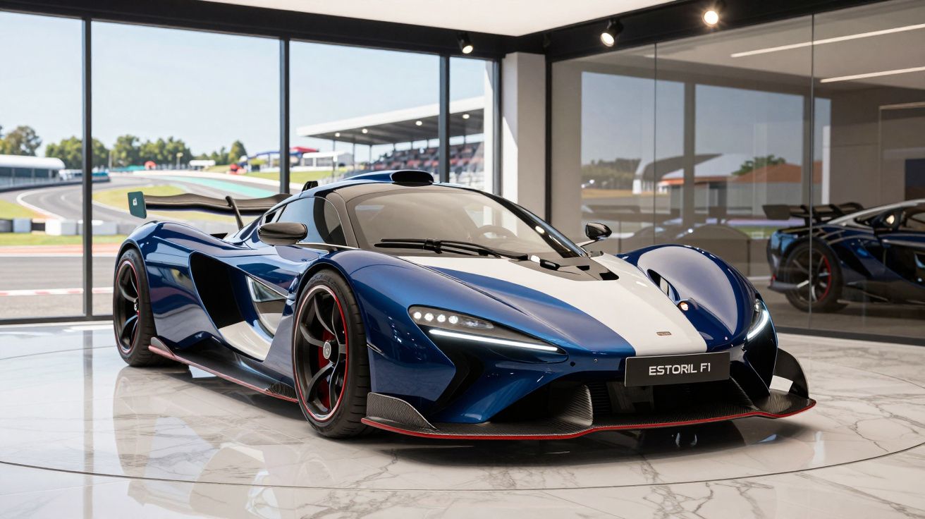 Carro esportivo azul com faixa branca estacionado em showroom com piso branco e vidro ao fundo.