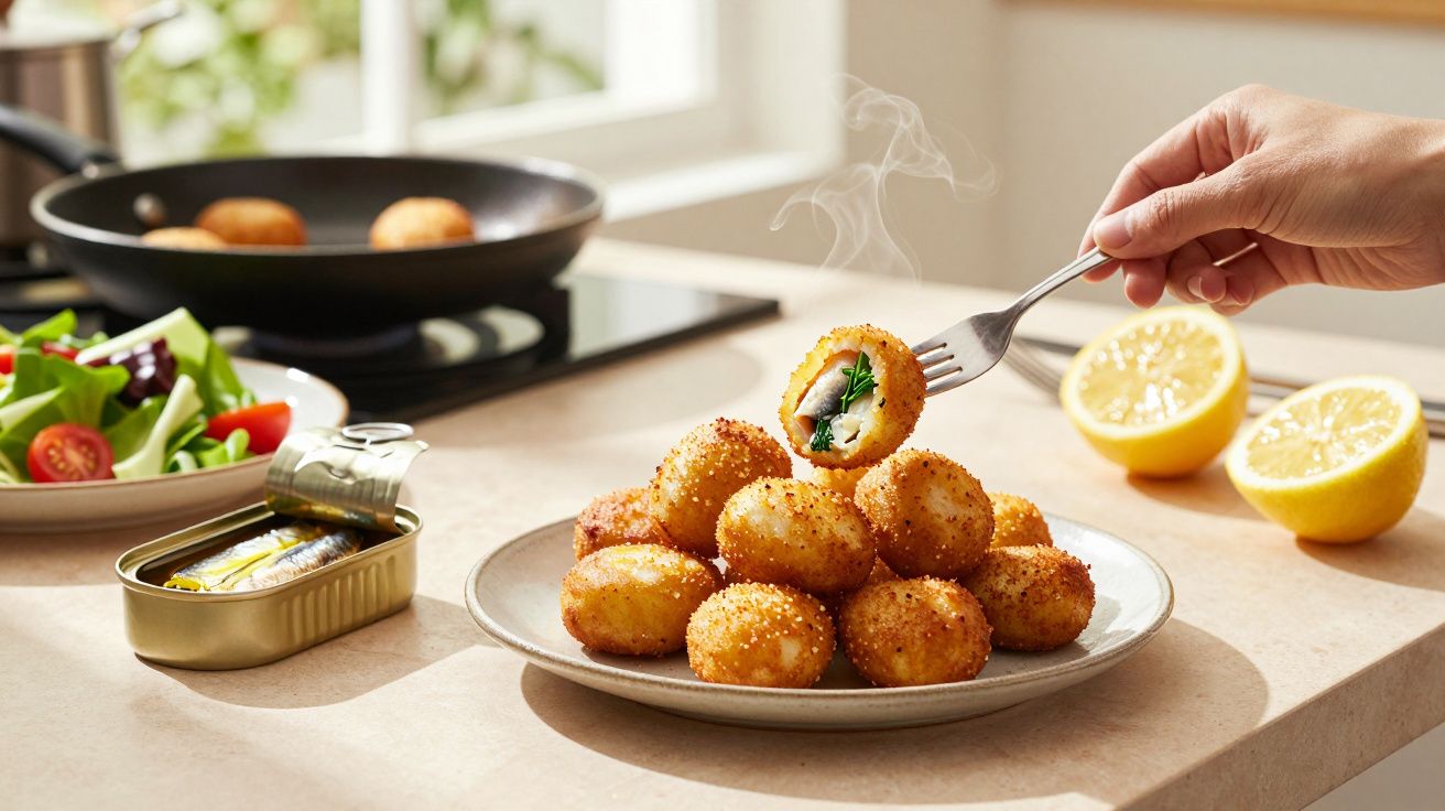 Mão segurando garfo com bolinho frito recheado de peixe, prato com bolinhos, salada, lata de sardinha e limão cortado.