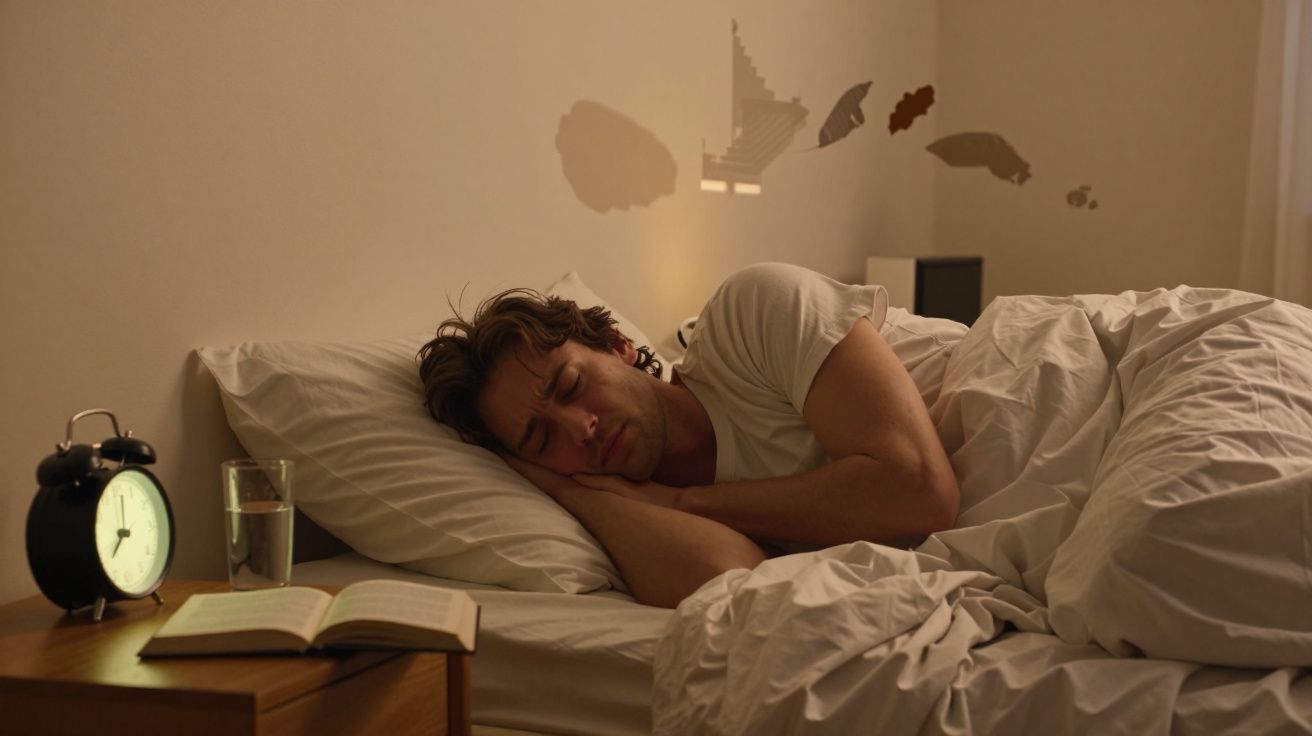 Homem dormindo na cama com cobertor branco, ao lado relógio despertador, copo de água e livro aberto.