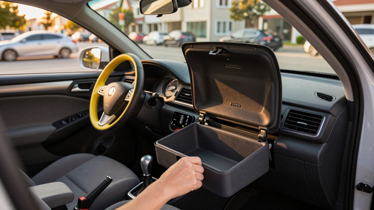 Interior de carro com volante amarelo e porta-luvas aberto, mão segurando a tampa dentro do veículo.