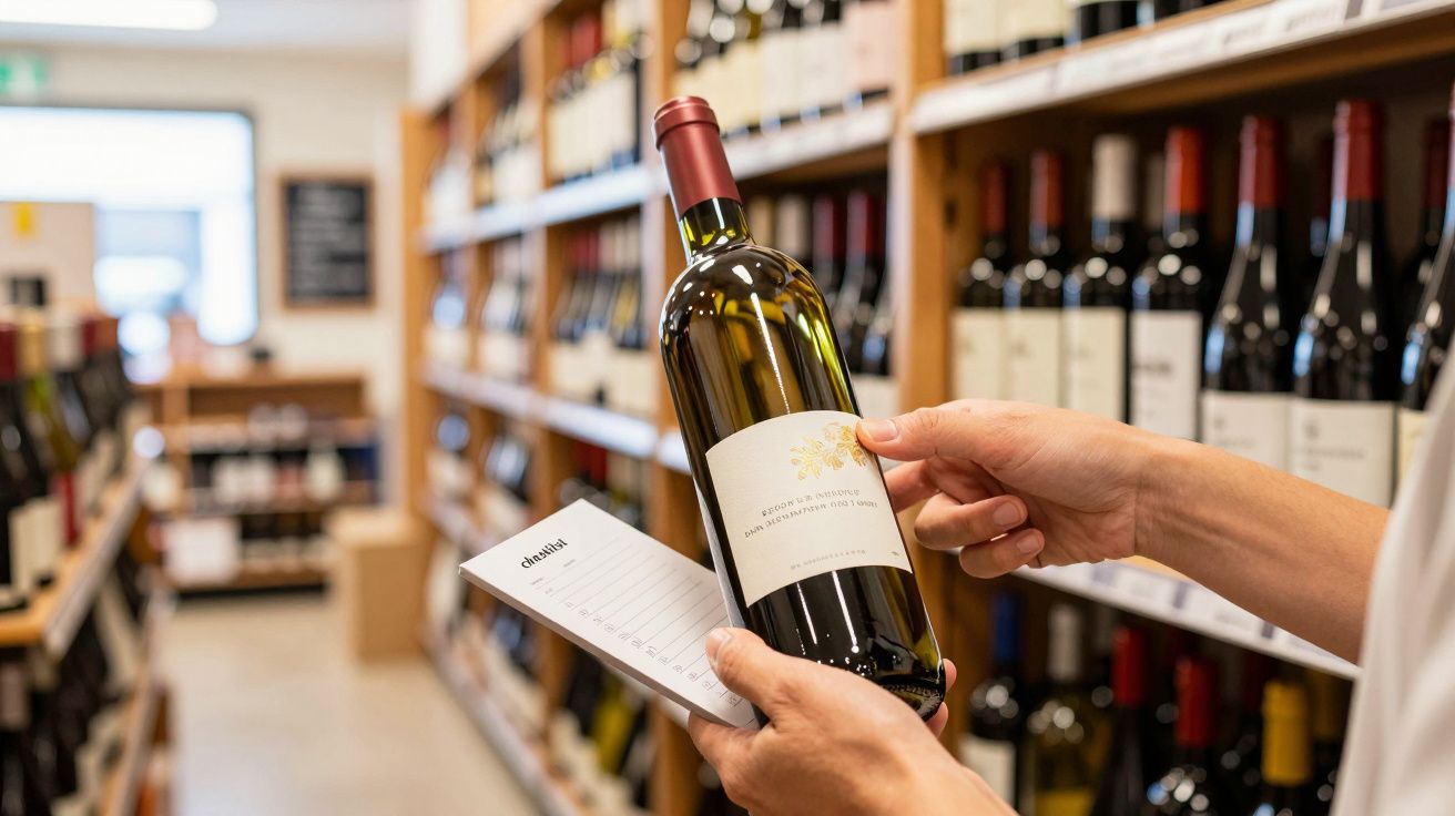 Pessoa segurando garrafa de vinho branco e lista de compras em loja com prateleiras de vinhos ao fundo.
