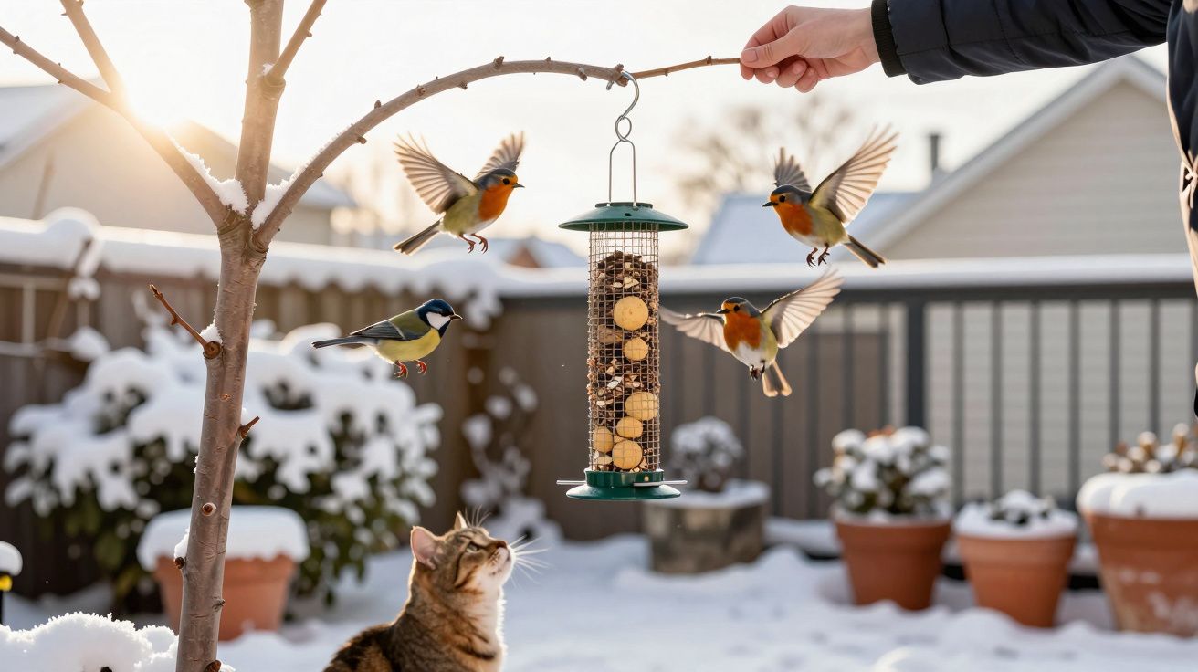 Pássaros voando perto de comedouro suspenso e gato observando em jardim com neve ao fundo.