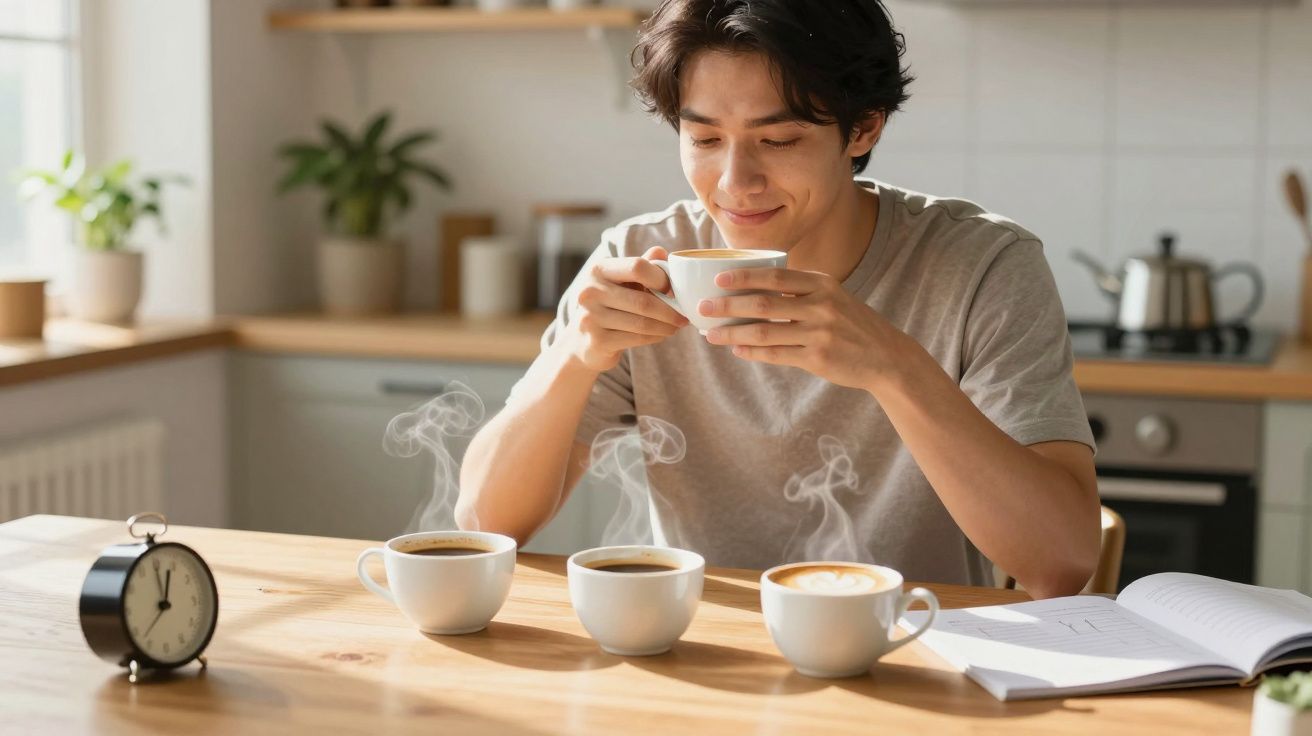 Jovem segurando xícara de café quente enquanto sorri sentado à mesa com três cafés e despertador.