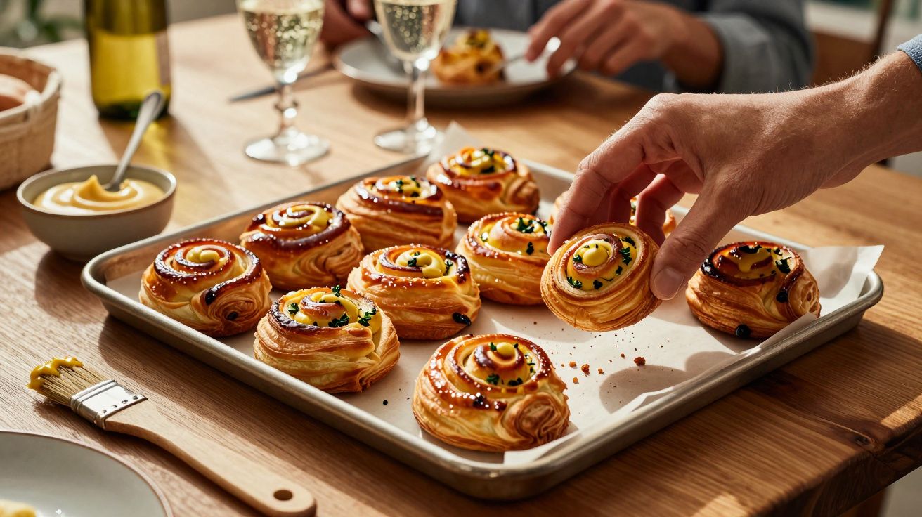 Assadeira com doces folhados em formato espiral sendo servidos à mesa de madeira.