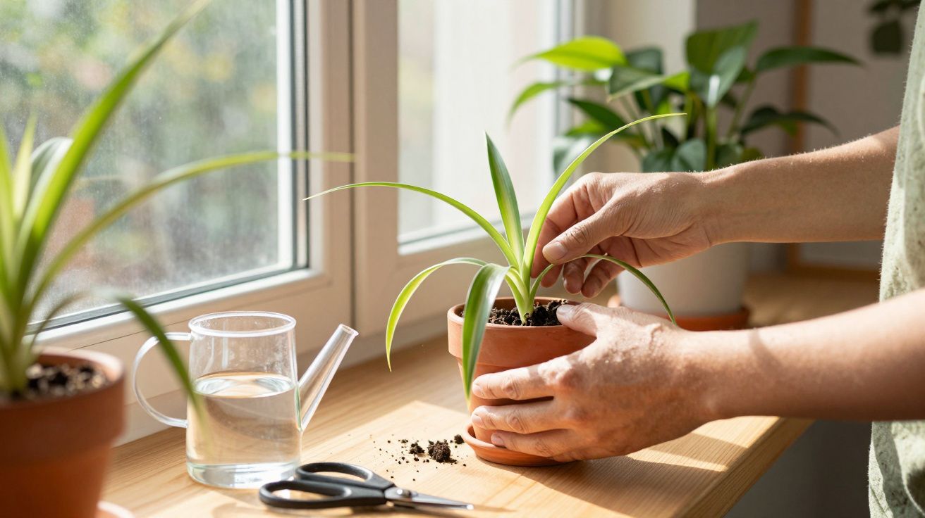 Mãos cuidando de planta em vaso de cerâmica próxima a janela, com regador e tesoura sobre a mesa de madeira.
