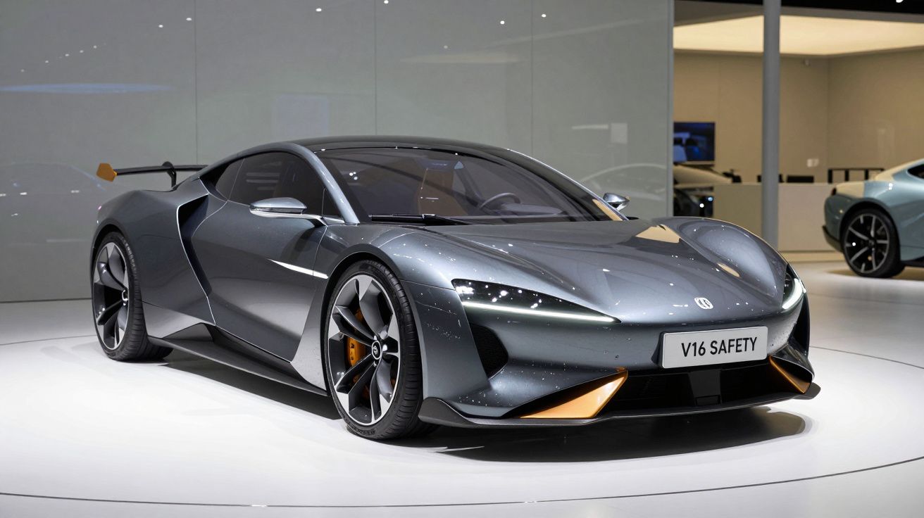 Carro esportivo cinza metálico com design moderno e placa "V16 SAFETY" em exposição interna.