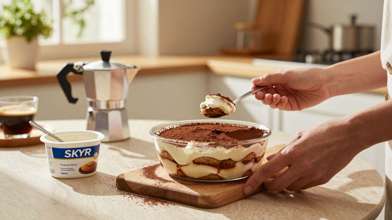 Pessoa servindo colherada de tiramisu com café, creme Skyr e cafeteira ao fundo em cozinha iluminada.