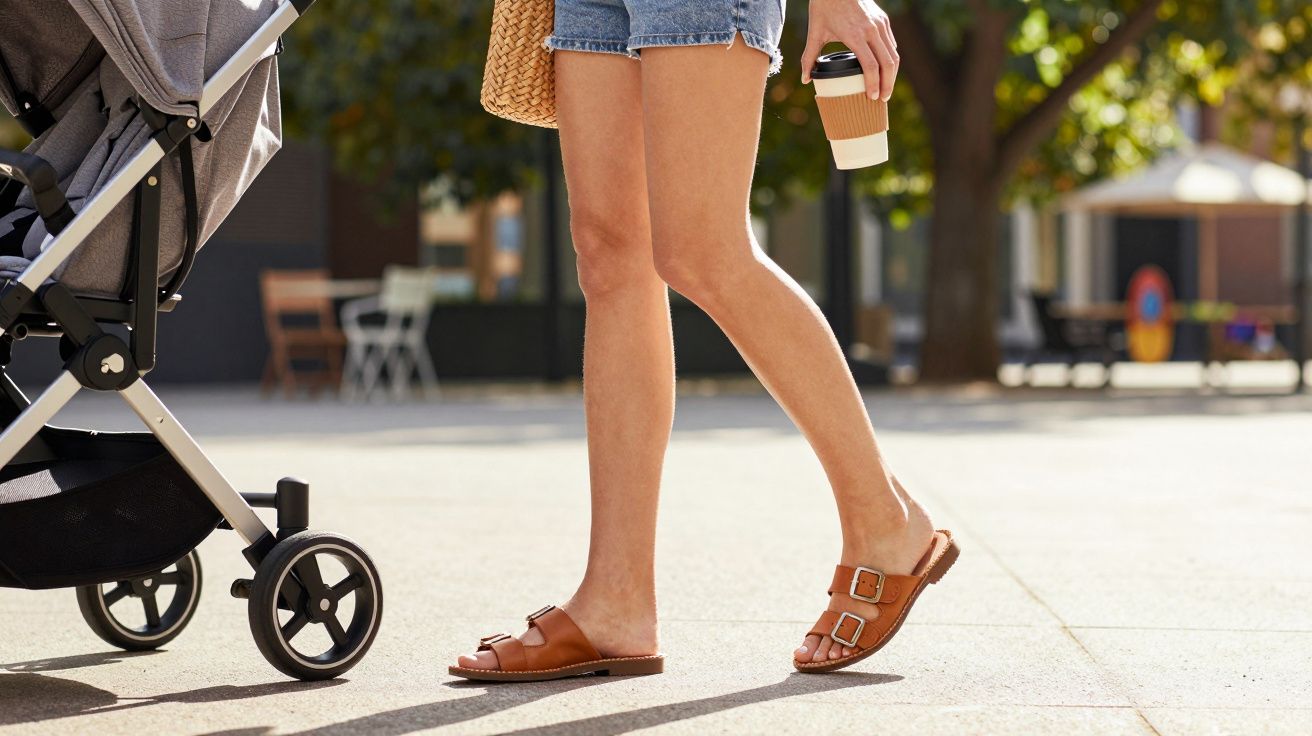Pernas de mulher andando com carrinho de bebê em calçada ensolarada, segurando copo de café descartável.