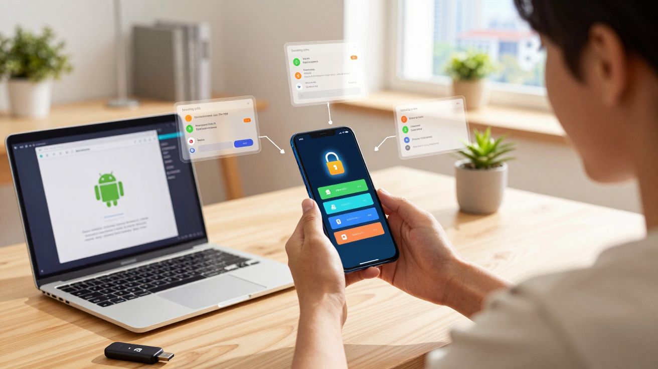 Pessoa segurando celular com tela de segurança digital, notebook aberto e mesa de madeira clara.