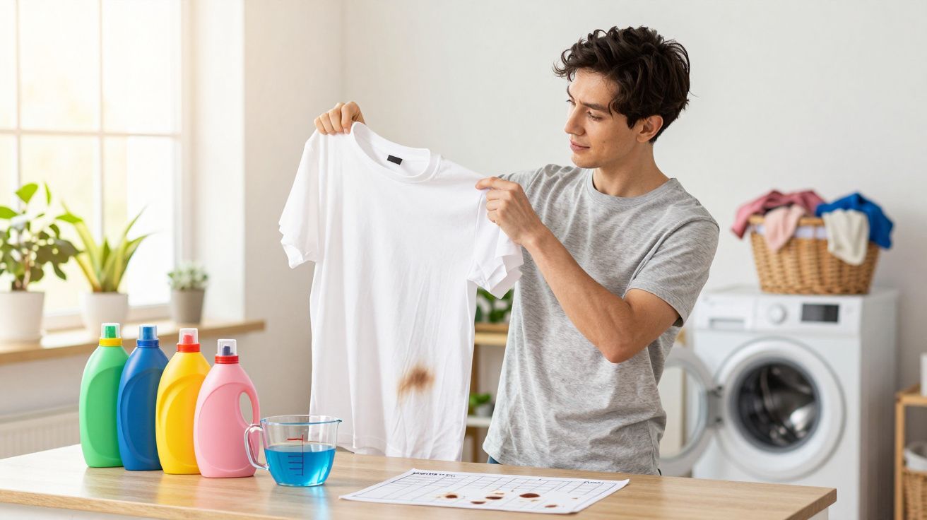 Jovem segurando camiseta branca com mancha de sujeira, analisando antes de lavar, com detergentes na mesa.