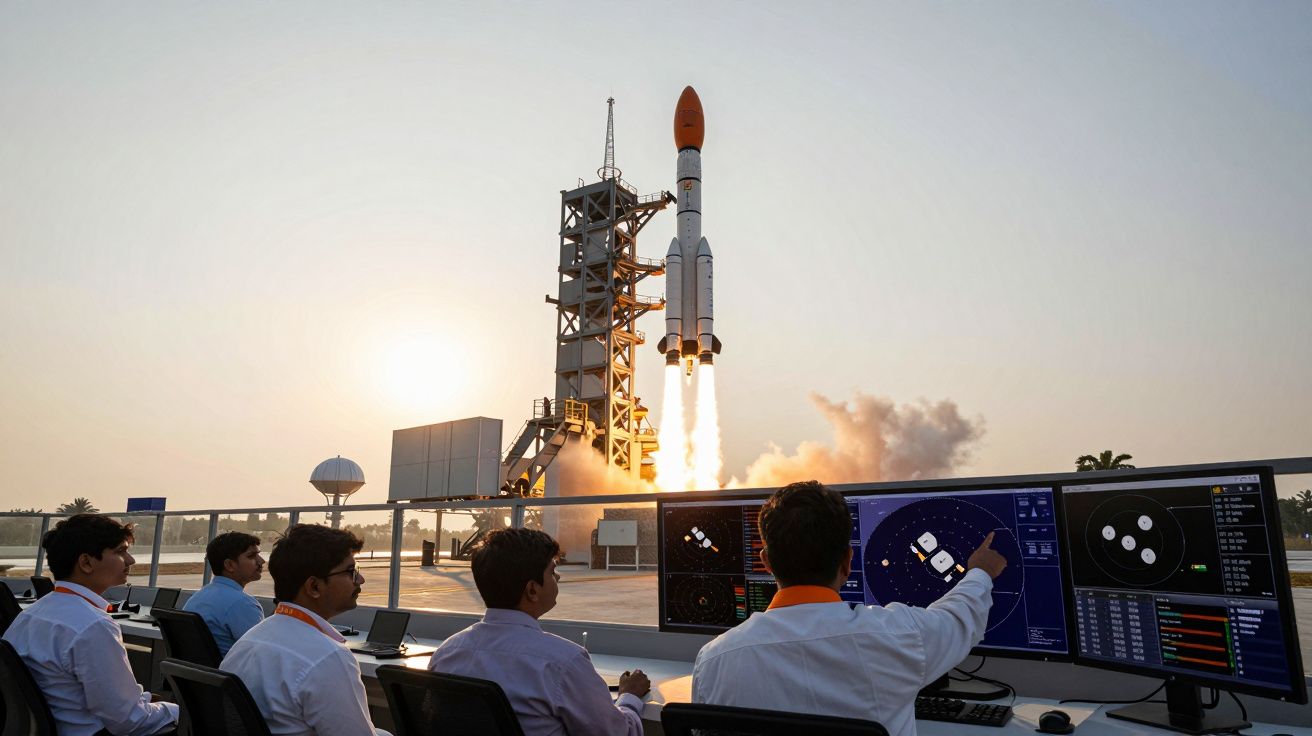 Equipe de controle acompanha lançamento de foguete em plataforma ao pôr do sol.