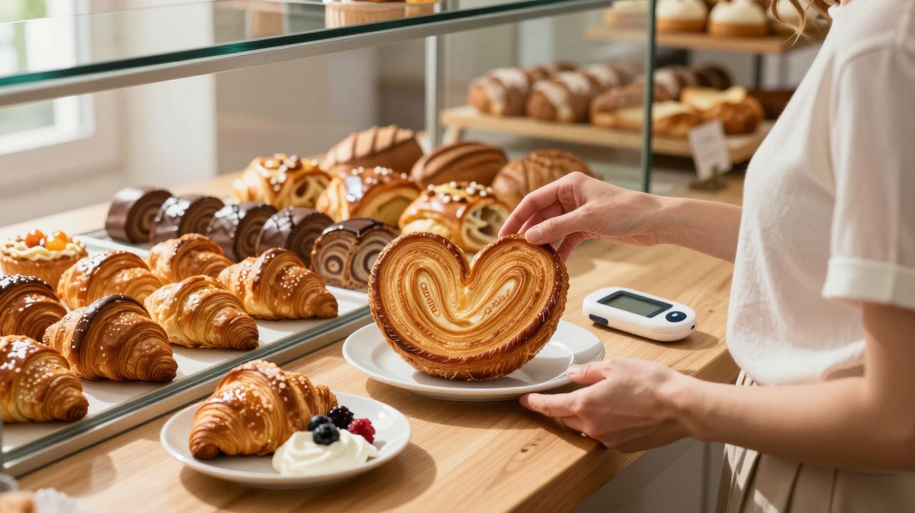 Pessoa segurando palmiers em forma de coração em padaria com diversos tipos de pães e doces expostos.