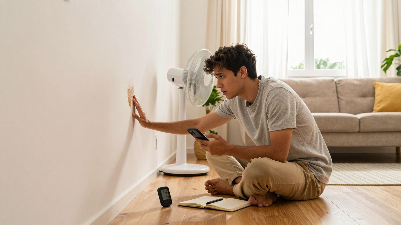 Homem jovem sentado no chão de sala, inspecionando infiltração na parede com celular e caderno ao lado.