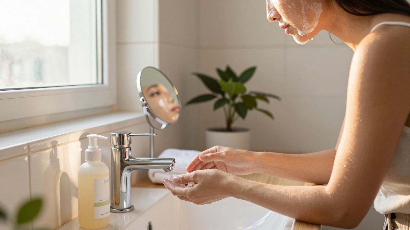 Mulher aplicando espuma facial no rosto enquanto lava as mãos em pia com espelho e planta ao fundo.