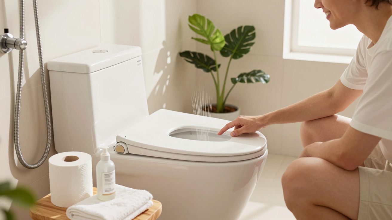 Pessoa aciona função de chuveirinho em vaso sanitário branco em banheiro iluminado e decorado com planta.