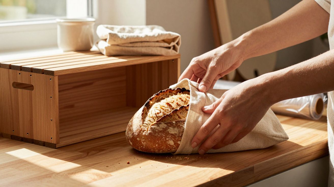 Pessoa guardando pão artesanal em saco de pano sobre bancada de madeira em cozinha iluminada.