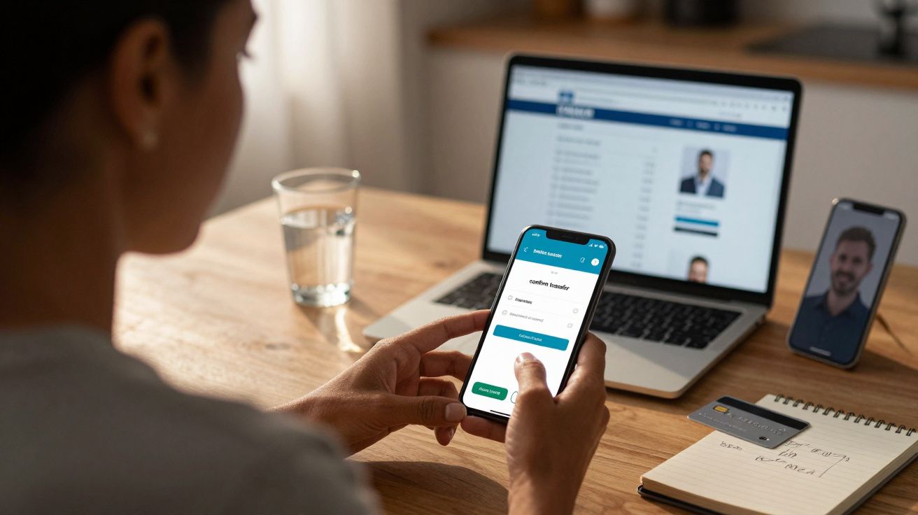 Pessoa usando smartphone para acessar aplicativo bancário com notebook, cartão de crédito e caderno na mesa.