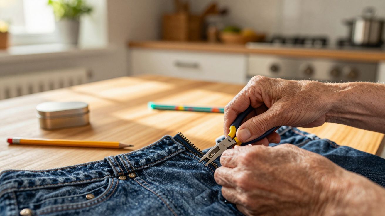 Mãos seguram alicate cortando zíper de calça jeans sobre mesa de madeira com lápis ao fundo.