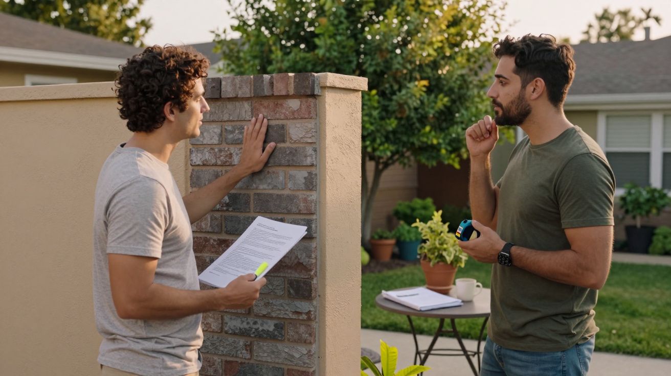 Dois homens conversam em um quintal, um com documentos e marca-texto, o outro com trena na mão.