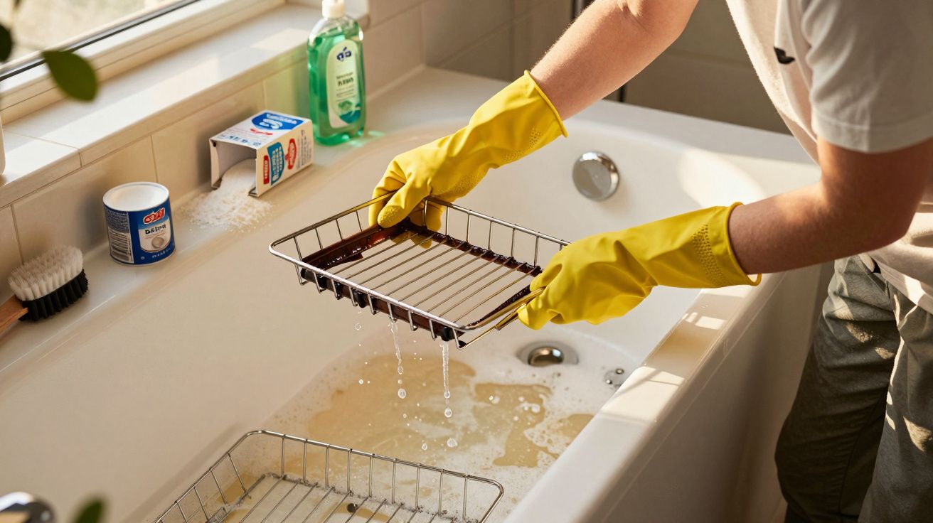 Pessoa com luvas amarelas lavando escorredor de louça sobre uma pia branca com sabão líquido e escova ao lado.
