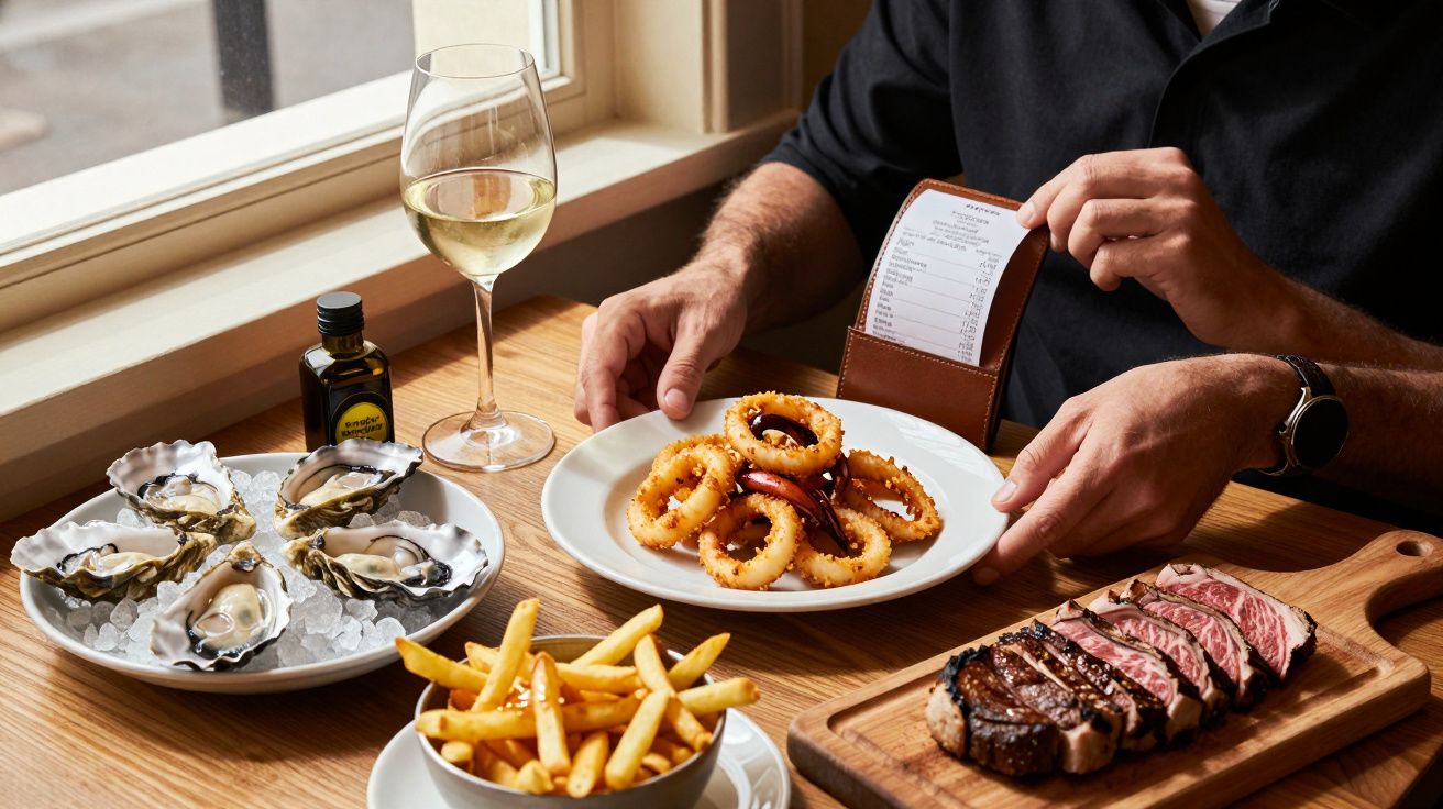 Pessoa segurando a conta em restaurante com pratos de frutos do mar, batatas fritas e taça de vinho branco.