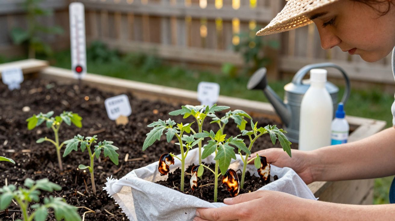 Pessoa segurando mudas de tomate com folhas queimadas em estufa ao ar livre.