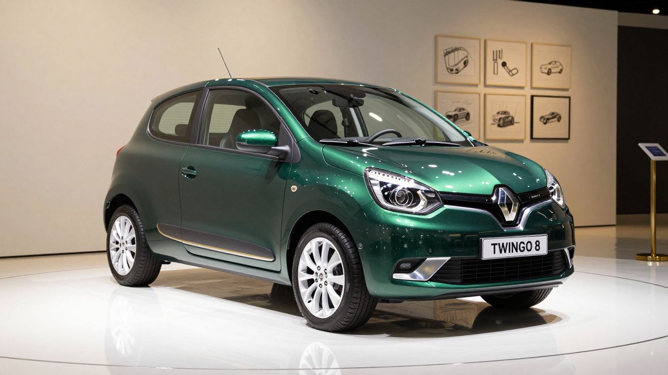 Carro verde Renault Twingo 8 exposto em estande com luz branca e fundo neutro.