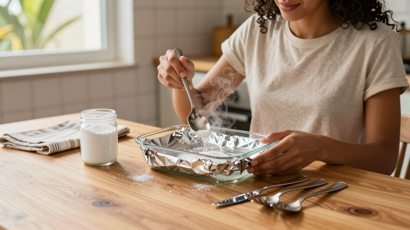 Pessoa mexendo pó branco em assadeira forrada com papel alumínio na mesa de madeira.