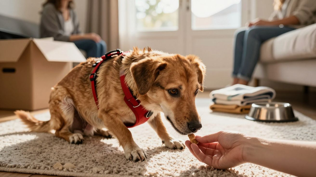 Cachorro marrom com peitoral vermelho recebendo petisco de pessoa em casa, com duas pessoas ao fundo.