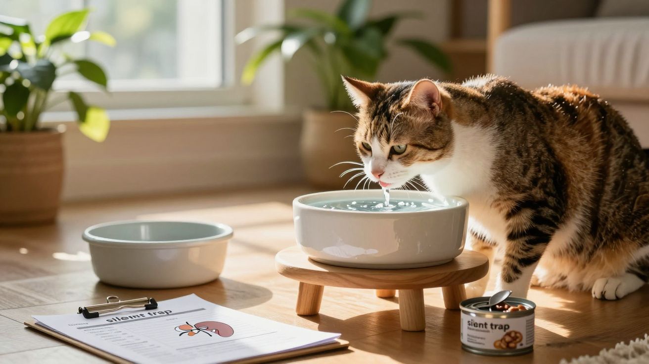 Gato branco e cinza bebendo água de tigela em pedestal, ao lado de ração e papel com desenho de mosca.