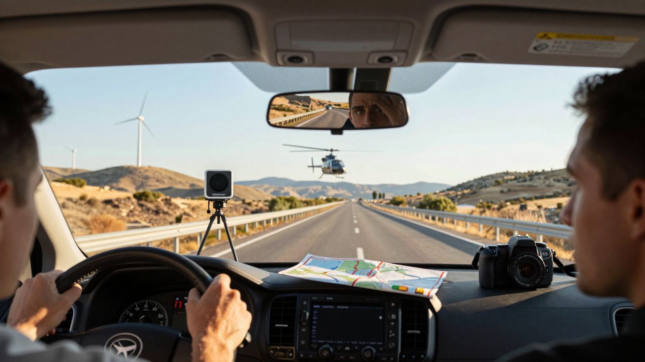 Interior de carro com motorista, passageiro, câmera no painel e helicóptero voando sobre estrada deserta.
