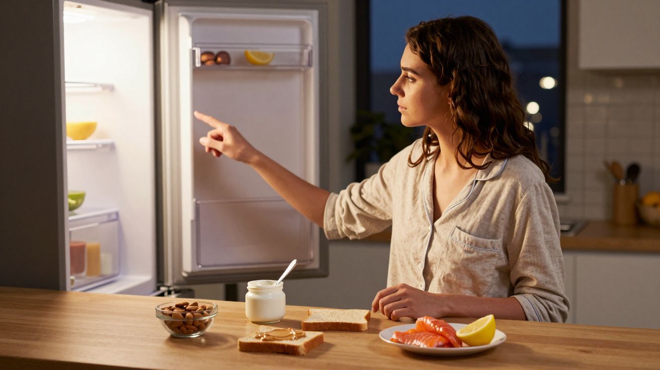 Mulher em pijama olhando dentro da geladeira aberta à noite, com alimentos e pão na mesa.