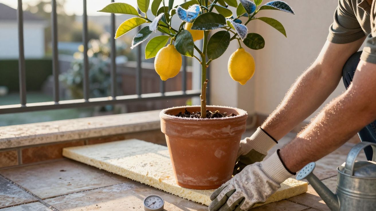Pessoa cuidando de um pé de limão em vaso de cerâmica em varanda ensolarada.